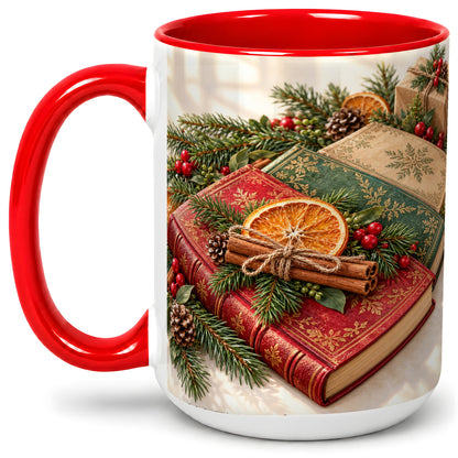 #pl[15oz|Red] Vintage Christmas Books Accent Ceramic Mug, Botanical Winter Art