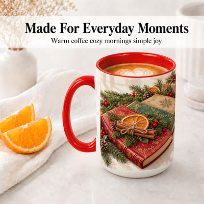 #pl[15oz|Red] Vintage Christmas Books Accent Ceramic Mug, Botanical Winter Art