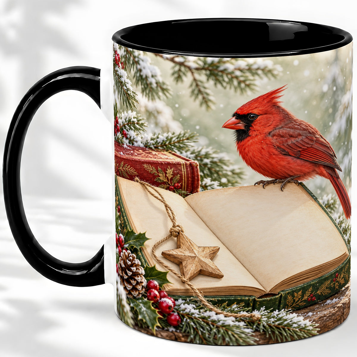 #pl[11oz|Black] Christmas Cardinal Book Accent Ceramic Mug, Snowy Winter Art