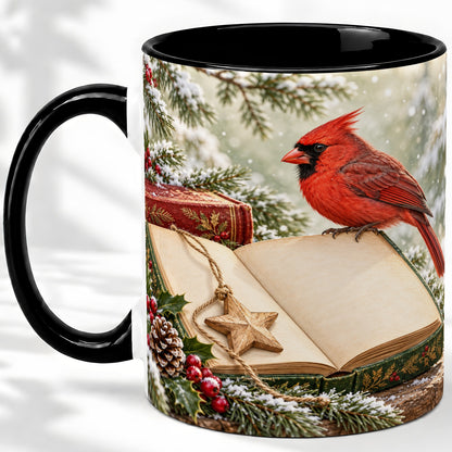 #pl[11oz|Black] Christmas Cardinal Book Accent Ceramic Mug, Snowy Winter Art