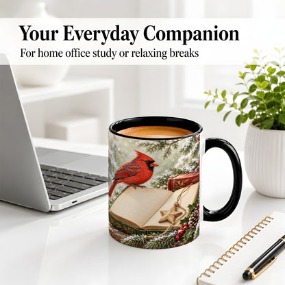 #pl[11oz|Black] Christmas Cardinal Book Accent Ceramic Mug, Snowy Winter Art