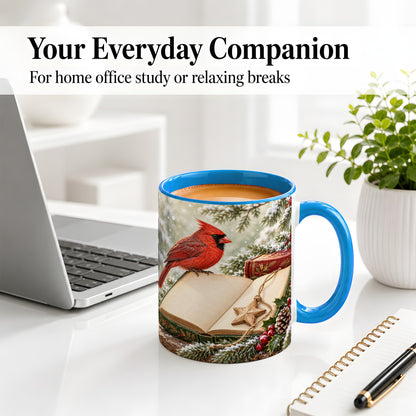 #pl[11oz|Blue] Christmas Cardinal Book Accent Ceramic Mug, Snowy Winter Art