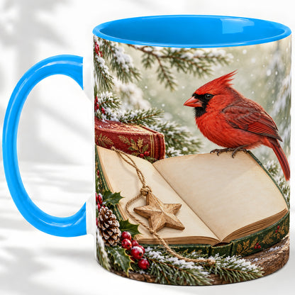 #pl[11oz|Blue] Christmas Cardinal Book Accent Ceramic Mug, Snowy Winter Art