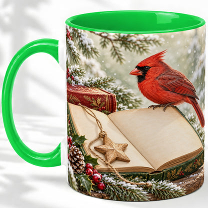 #pl[11oz|Green] Christmas Cardinal Book Accent Ceramic Mug, Snowy Winter Art