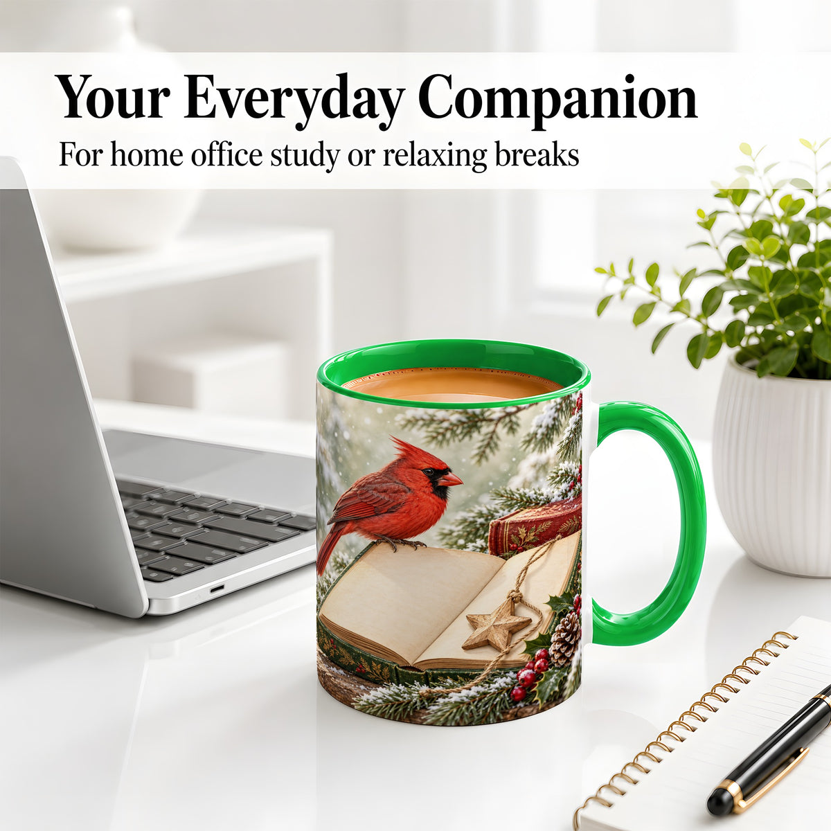 #pl[11oz|Green] Christmas Cardinal Book Accent Ceramic Mug, Snowy Winter Art