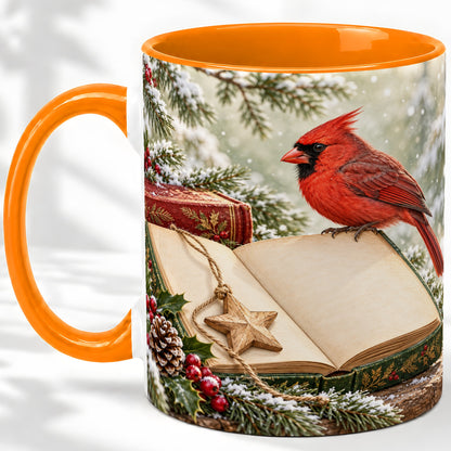 #pl[11oz|Orange] Christmas Cardinal Book Accent Ceramic Mug, Snowy Winter Art