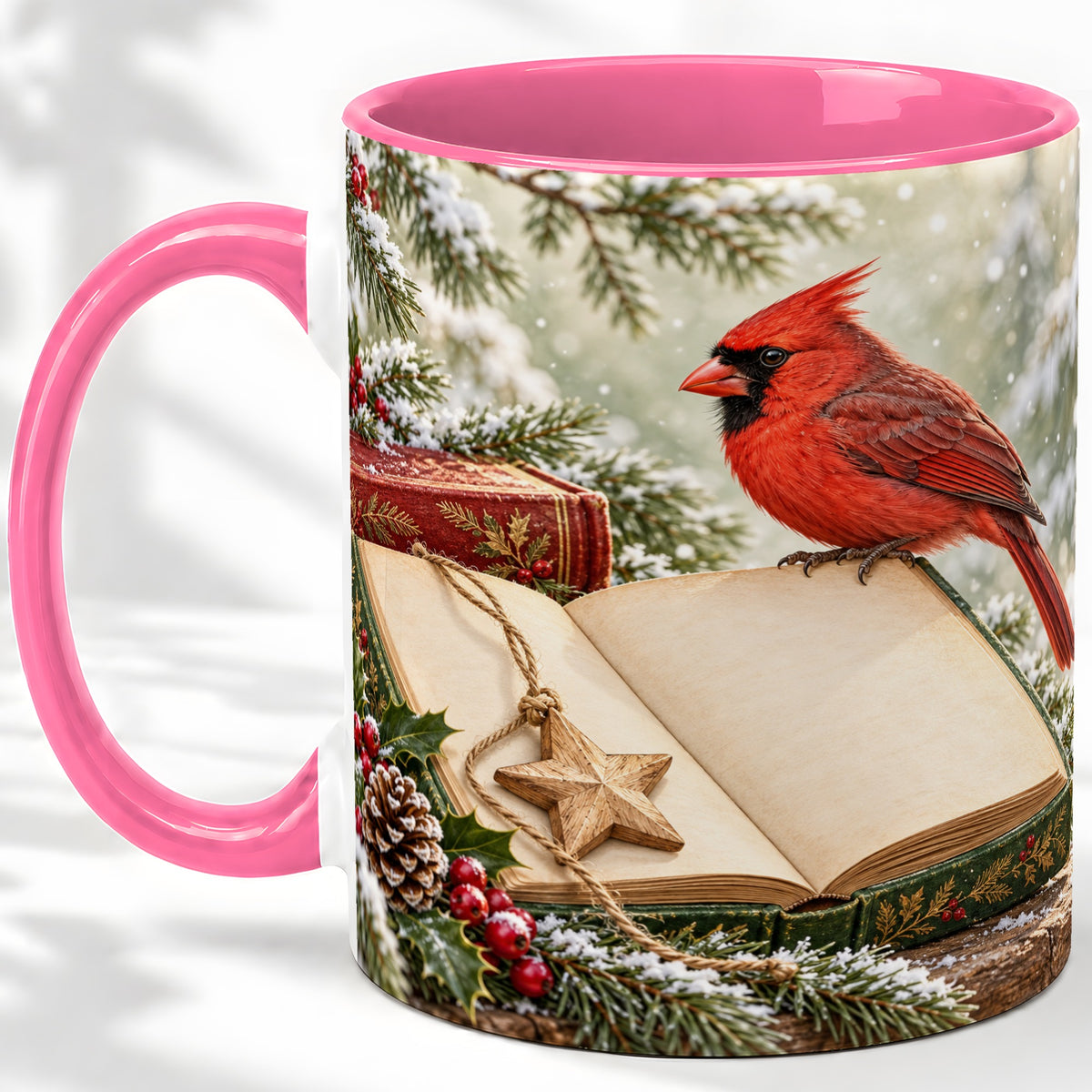 #pl[11oz|Pink] Christmas Cardinal Book Accent Ceramic Mug, Snowy Winter Art