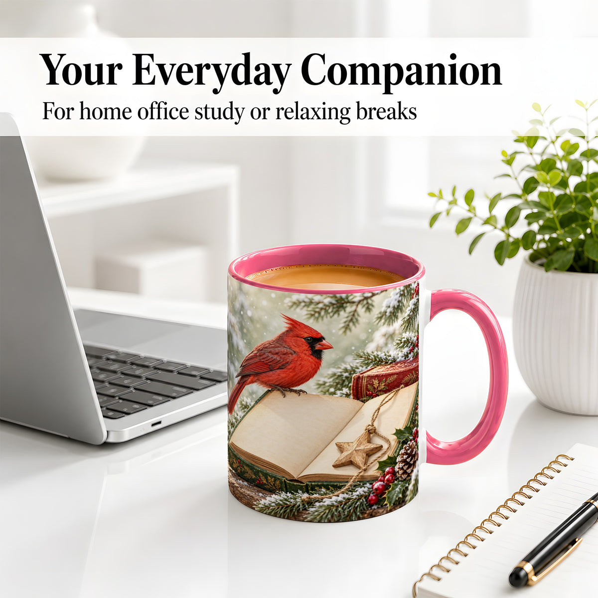 #pl[11oz|Pink] Christmas Cardinal Book Accent Ceramic Mug, Snowy Winter Art