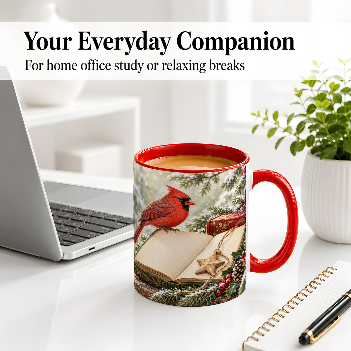 #pl[11oz|Red] Christmas Cardinal Book Accent Ceramic Mug, Snowy Winter Art