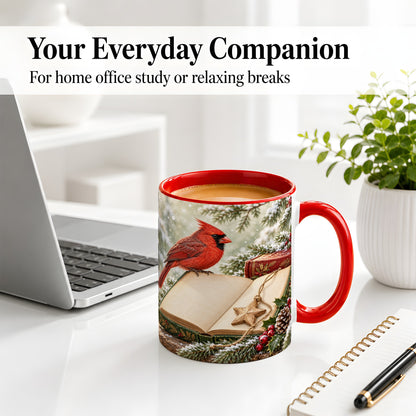 #pl[11oz|Red] Christmas Cardinal Book Accent Ceramic Mug, Snowy Winter Art
