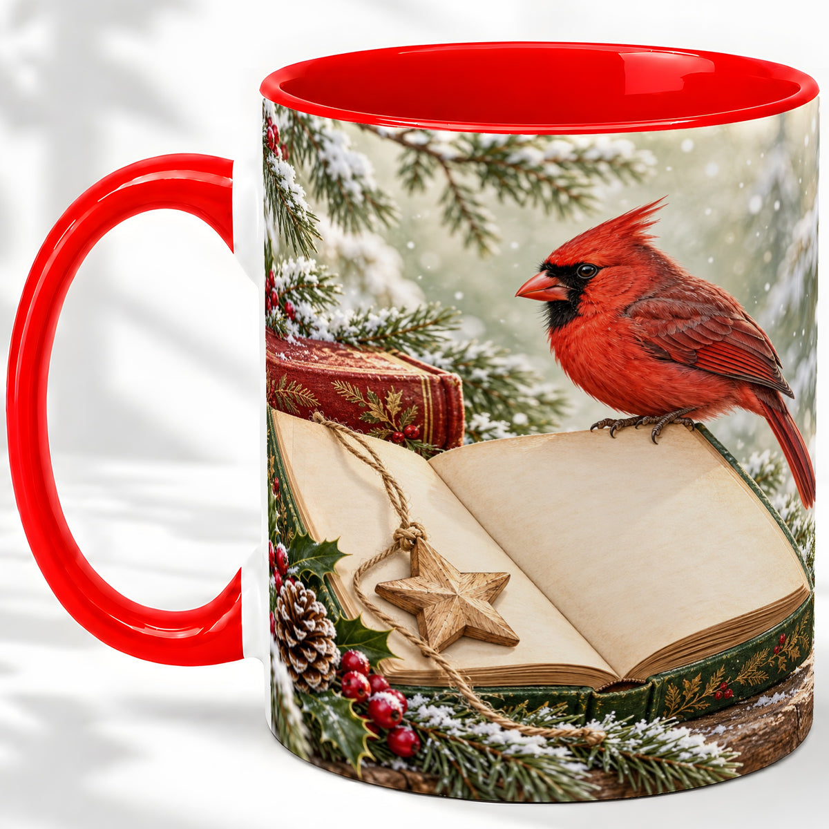 Christmas Cardinal Book Accent Ceramic Mug, Snowy Winter Art