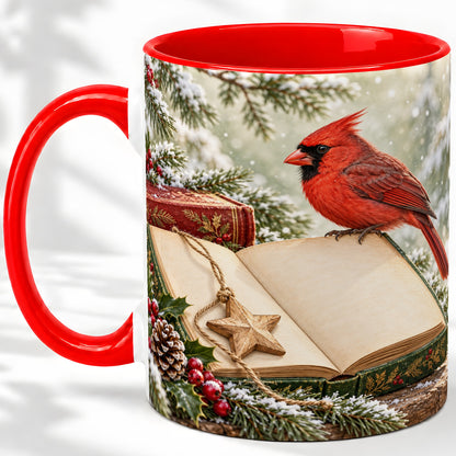 Christmas Cardinal Book Accent Ceramic Mug, Snowy Winter Art