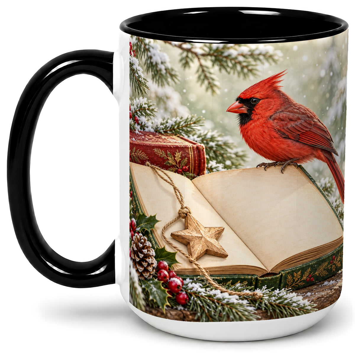 #pl[15oz|Black] Christmas Cardinal Book Accent Ceramic Mug, Snowy Winter Art