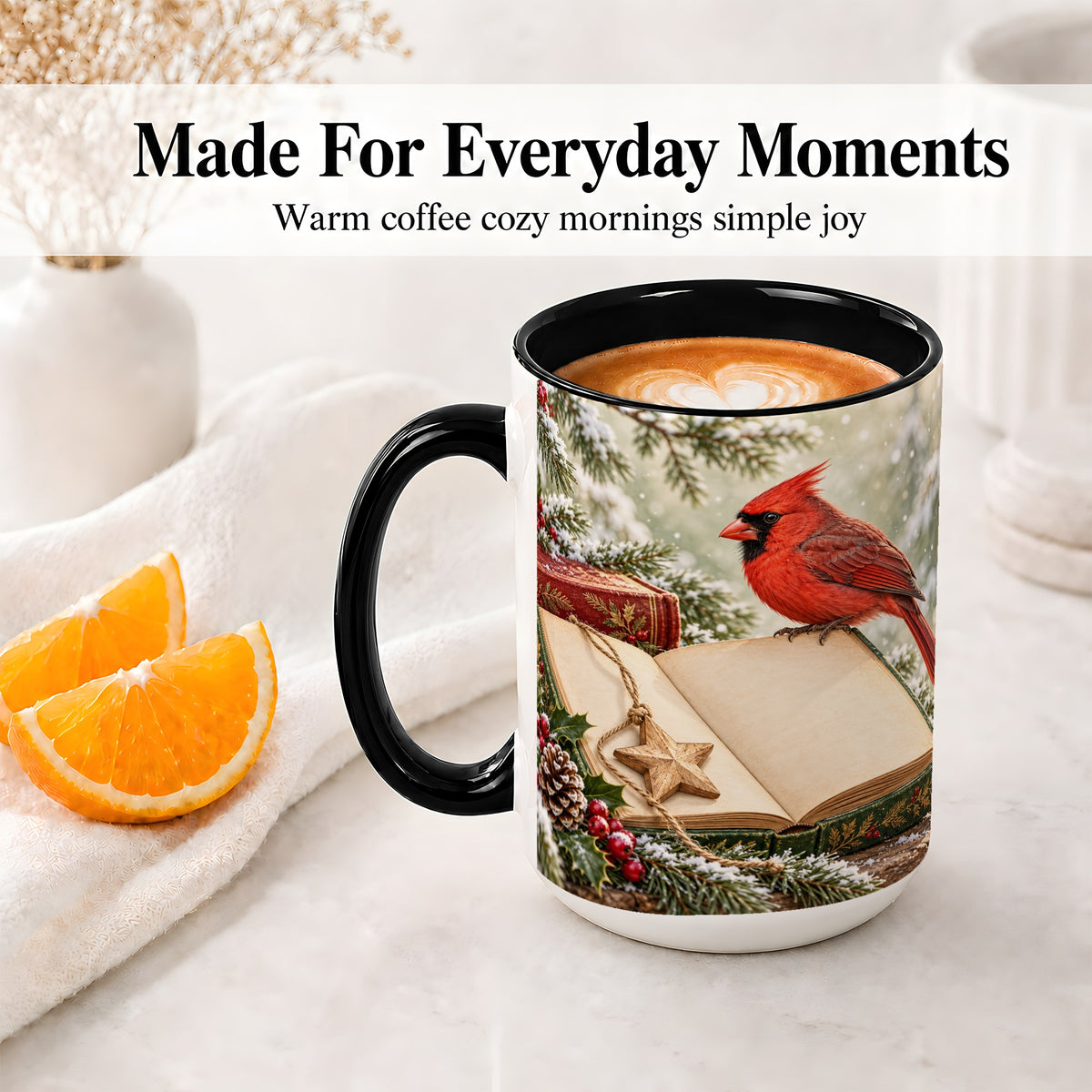 #pl[15oz|Black] Christmas Cardinal Book Accent Ceramic Mug, Snowy Winter Art