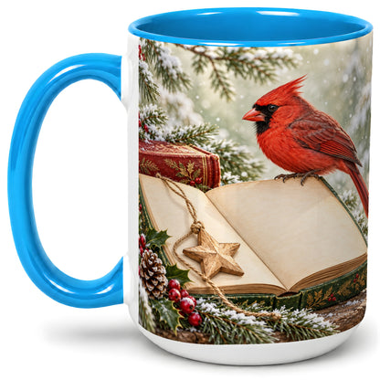 #pl[15oz|Blue] Christmas Cardinal Book Accent Ceramic Mug, Snowy Winter Art