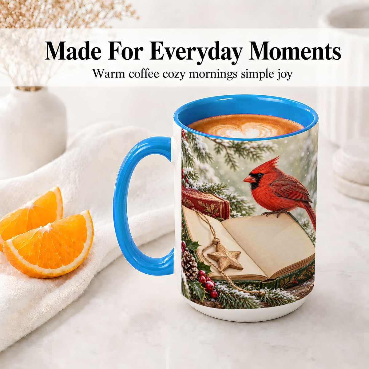 #pl[15oz|Blue] Christmas Cardinal Book Accent Ceramic Mug, Snowy Winter Art