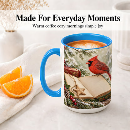 #pl[15oz|Blue] Christmas Cardinal Book Accent Ceramic Mug, Snowy Winter Art