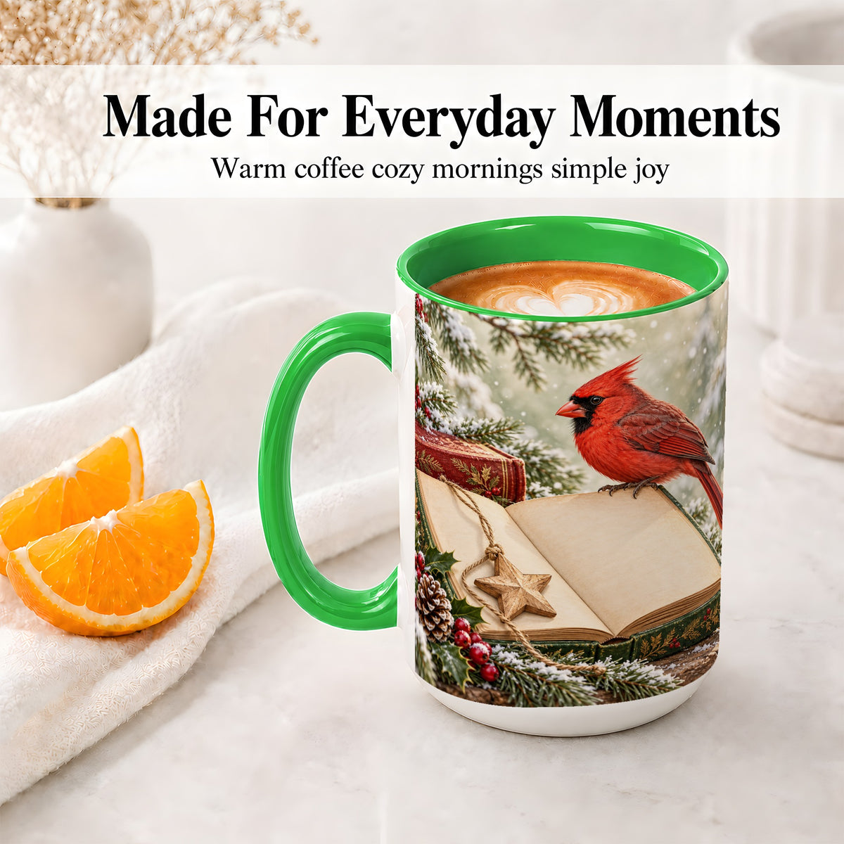 #pl[15oz|Green] Christmas Cardinal Book Accent Ceramic Mug, Snowy Winter Art