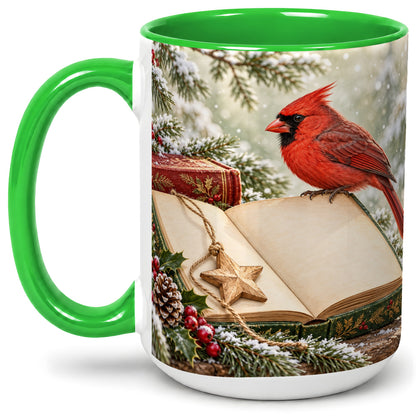 #pl[15oz|Green] Christmas Cardinal Book Accent Ceramic Mug, Snowy Winter Art