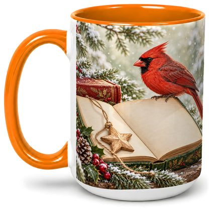 #pl[15oz|Orange] Christmas Cardinal Book Accent Ceramic Mug, Snowy Winter Art