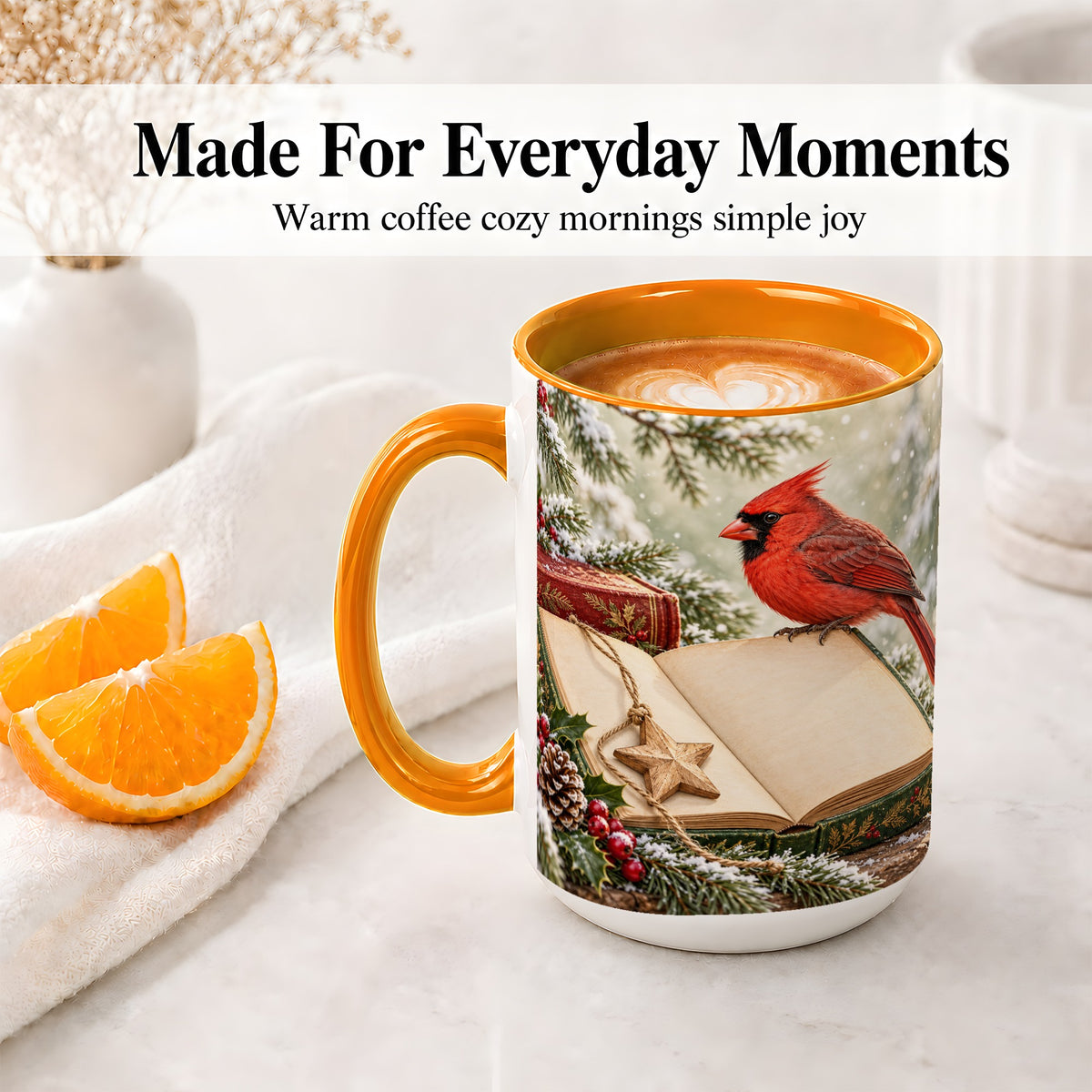 #pl[15oz|Orange] Christmas Cardinal Book Accent Ceramic Mug, Snowy Winter Art