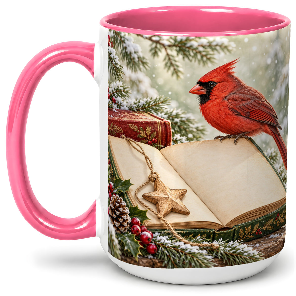 #pl[15oz|Pink] Christmas Cardinal Book Accent Ceramic Mug, Snowy Winter Art