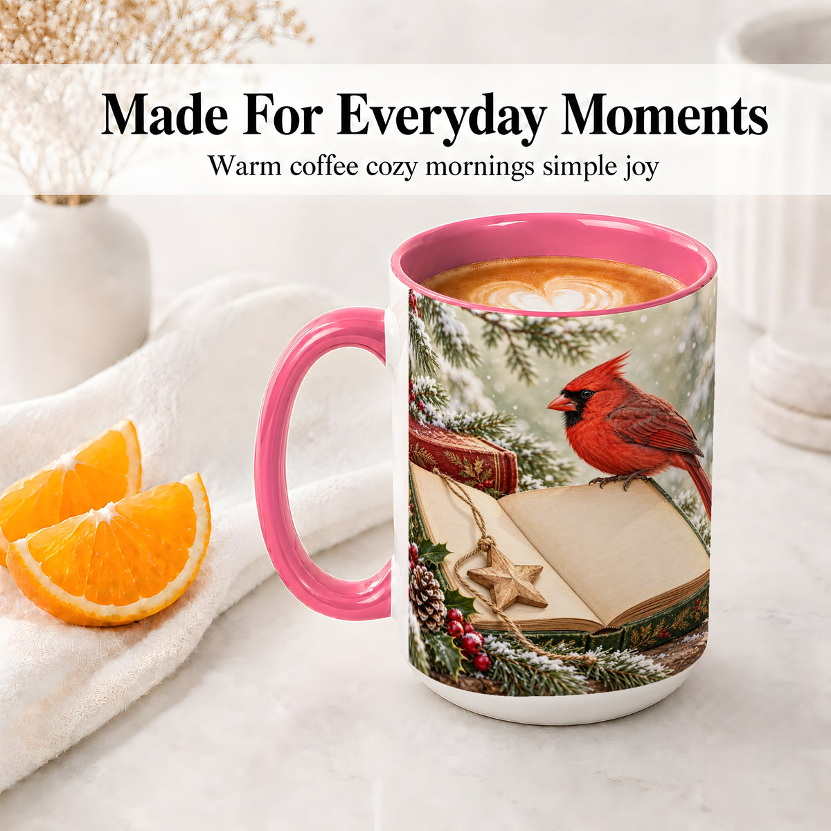 #pl[15oz|Pink] Christmas Cardinal Book Accent Ceramic Mug, Snowy Winter Art