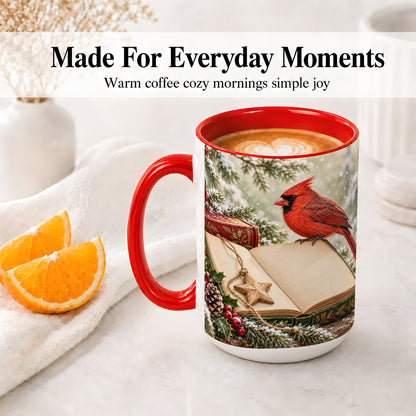 #pl[15oz|Red] Christmas Cardinal Book Accent Ceramic Mug, Snowy Winter Art