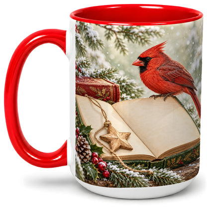 #pl[15oz|Red] Christmas Cardinal Book Accent Ceramic Mug, Snowy Winter Art