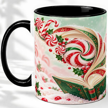 #pl[11oz|Black] Christmas Candy Book Accent Ceramic Mug, Peppermint Holly Art