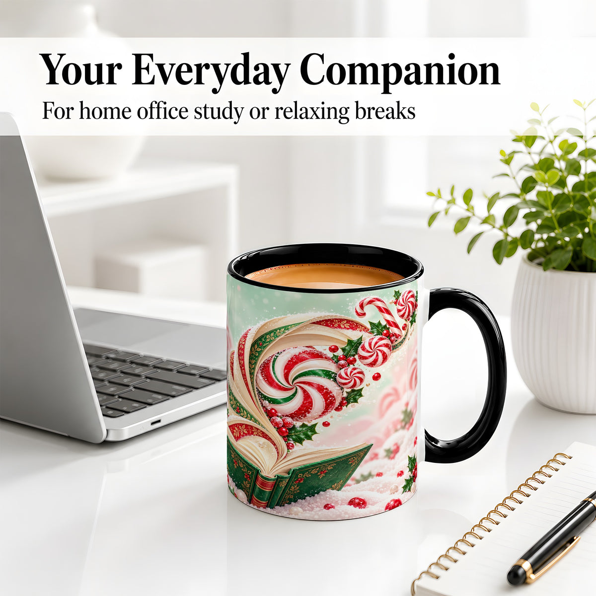 #pl[11oz|Black] Christmas Candy Book Accent Ceramic Mug, Peppermint Holly Art