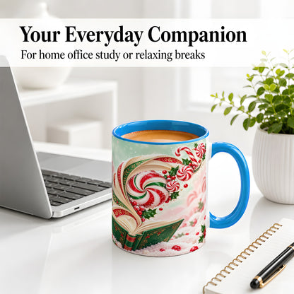 #pl[11oz|Blue] Christmas Candy Book Accent Ceramic Mug, Peppermint Holly Art