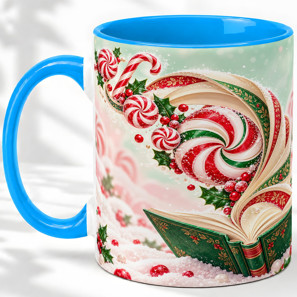 #pl[11oz|Blue] Christmas Candy Book Accent Ceramic Mug, Peppermint Holly Art