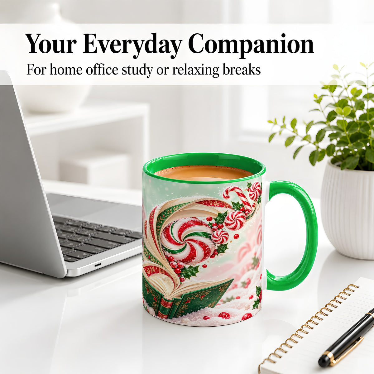#pl[11oz|Green] Christmas Candy Book Accent Ceramic Mug, Peppermint Holly Art