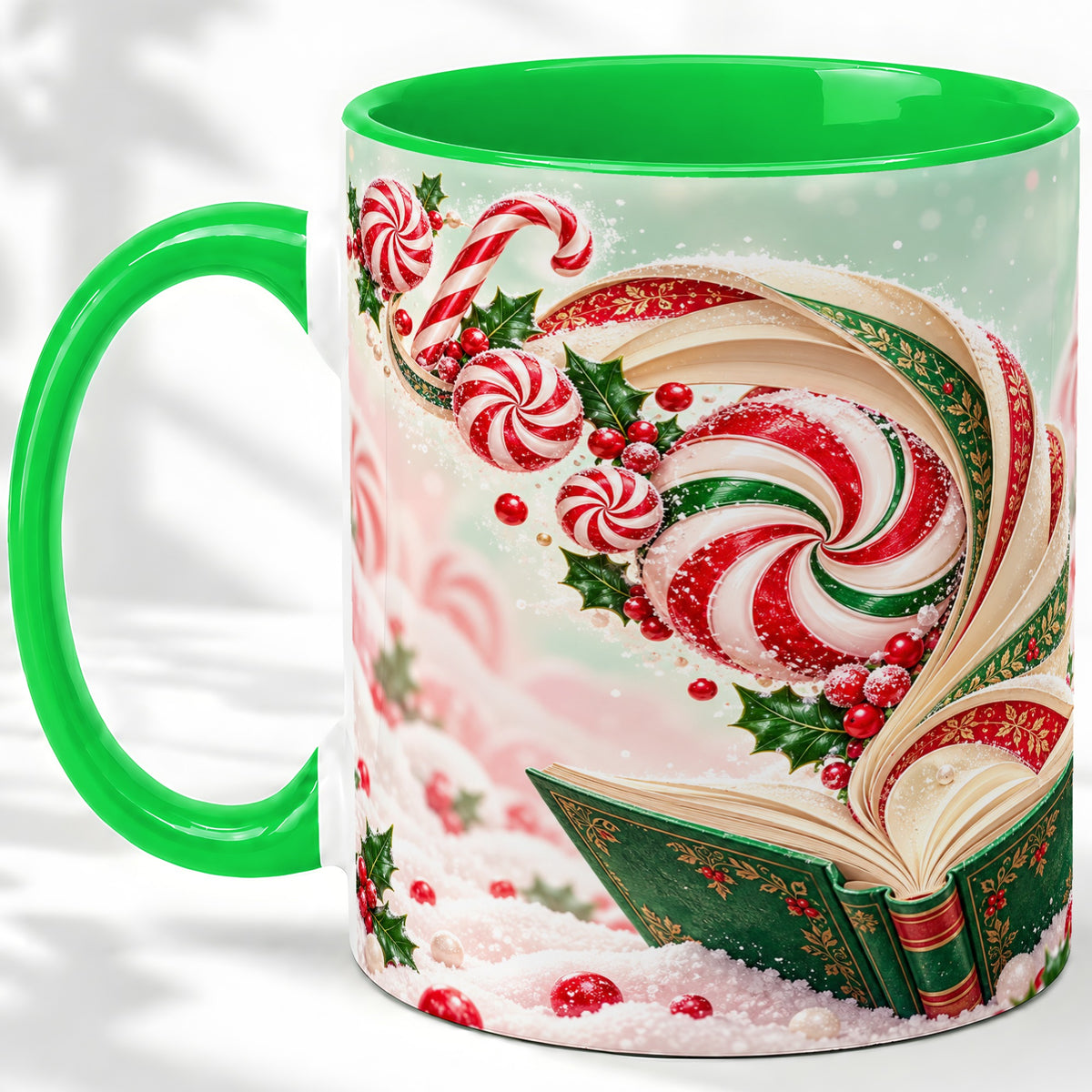 #pl[11oz|Green] Christmas Candy Book Accent Ceramic Mug, Peppermint Holly Art