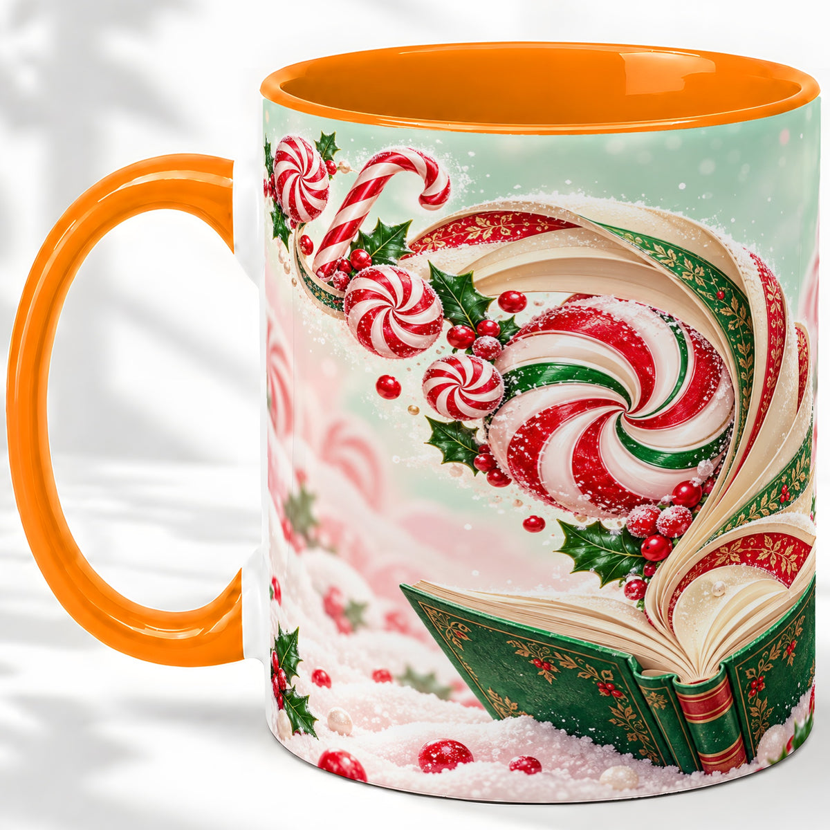 #pl[11oz|Orange] Christmas Candy Book Accent Ceramic Mug, Peppermint Holly Art