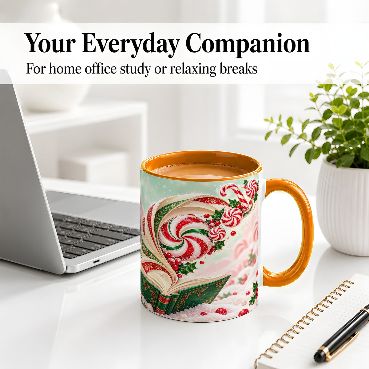 #pl[11oz|Orange] Christmas Candy Book Accent Ceramic Mug, Peppermint Holly Art
