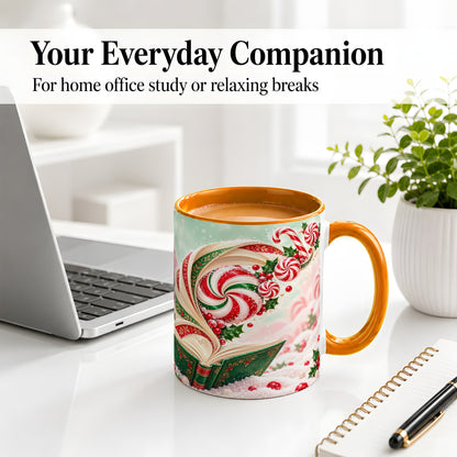 #pl[11oz|Orange] Christmas Candy Book Accent Ceramic Mug, Peppermint Holly Art