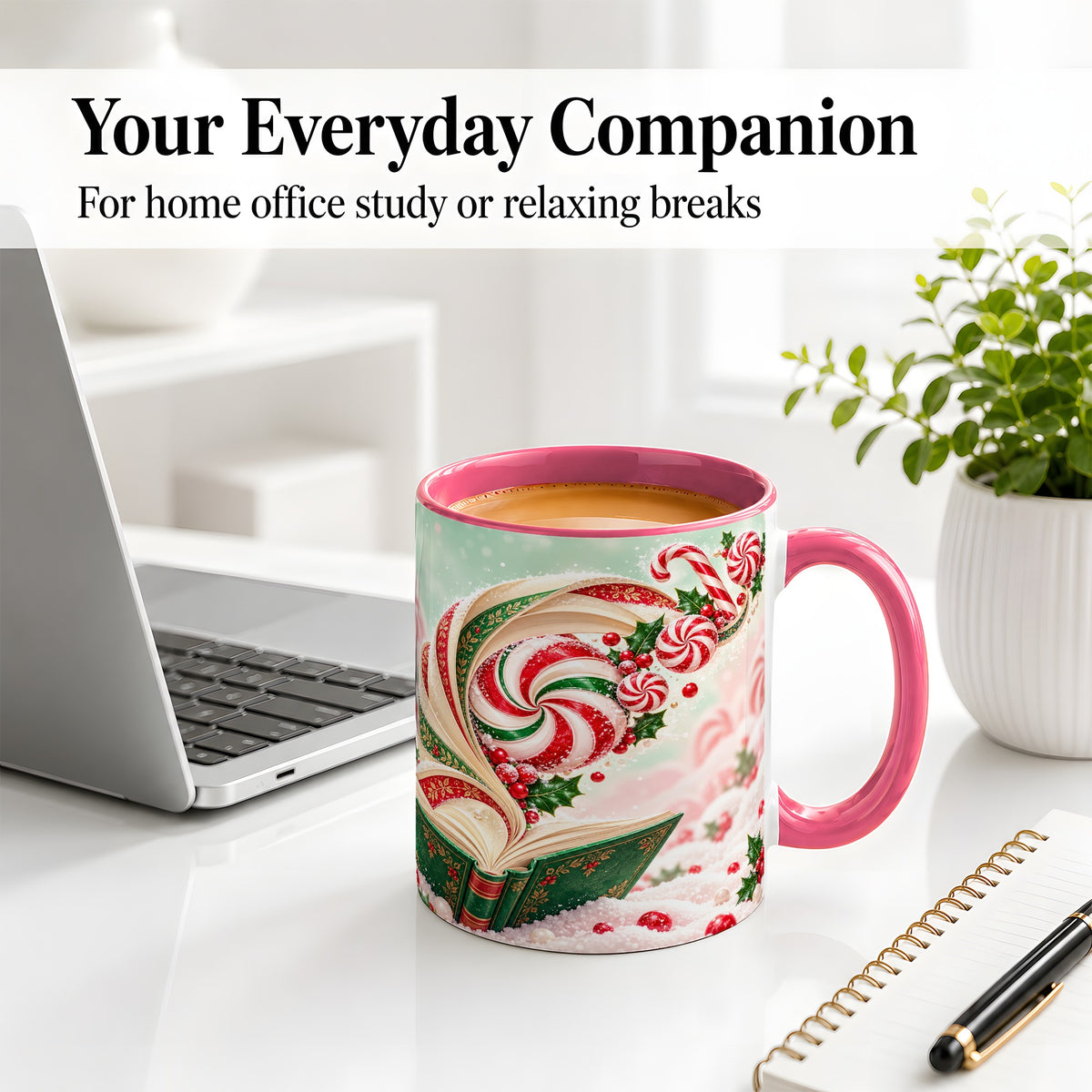 #pl[11oz|Pink] Christmas Candy Book Accent Ceramic Mug, Peppermint Holly Art