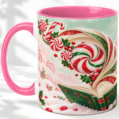 #pl[11oz|Pink] Christmas Candy Book Accent Ceramic Mug, Peppermint Holly Art