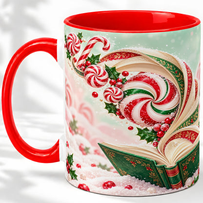 Christmas Candy Book Accent Ceramic Mug, Peppermint Holly Art