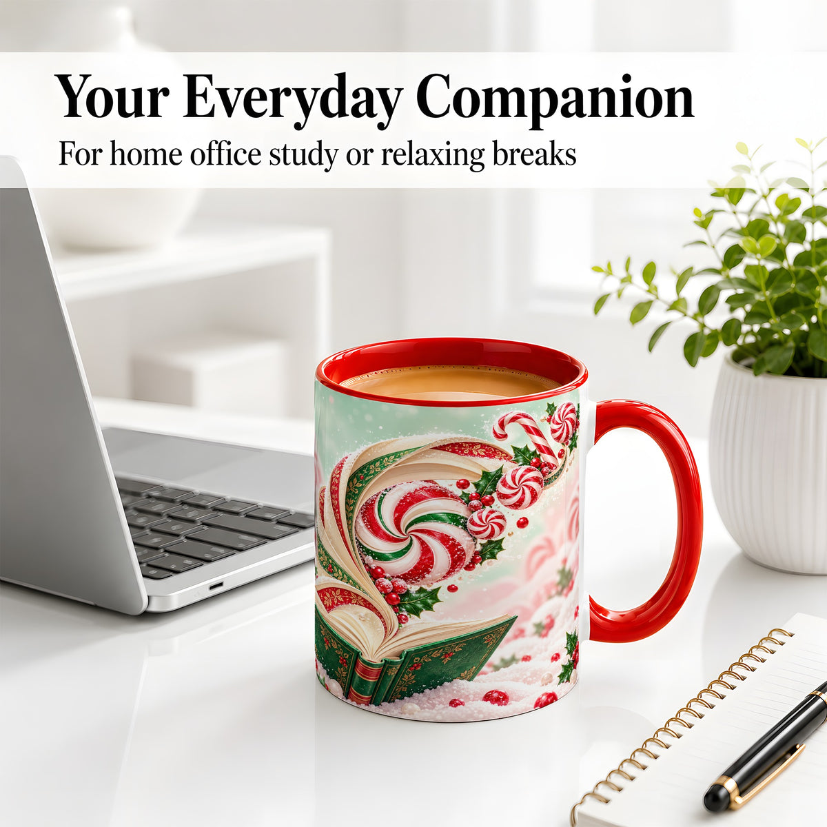 #pl[11oz|Red] Christmas Candy Book Accent Ceramic Mug, Peppermint Holly Art