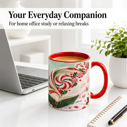 #pl[11oz|Red] Christmas Candy Book Accent Ceramic Mug, Peppermint Holly Art