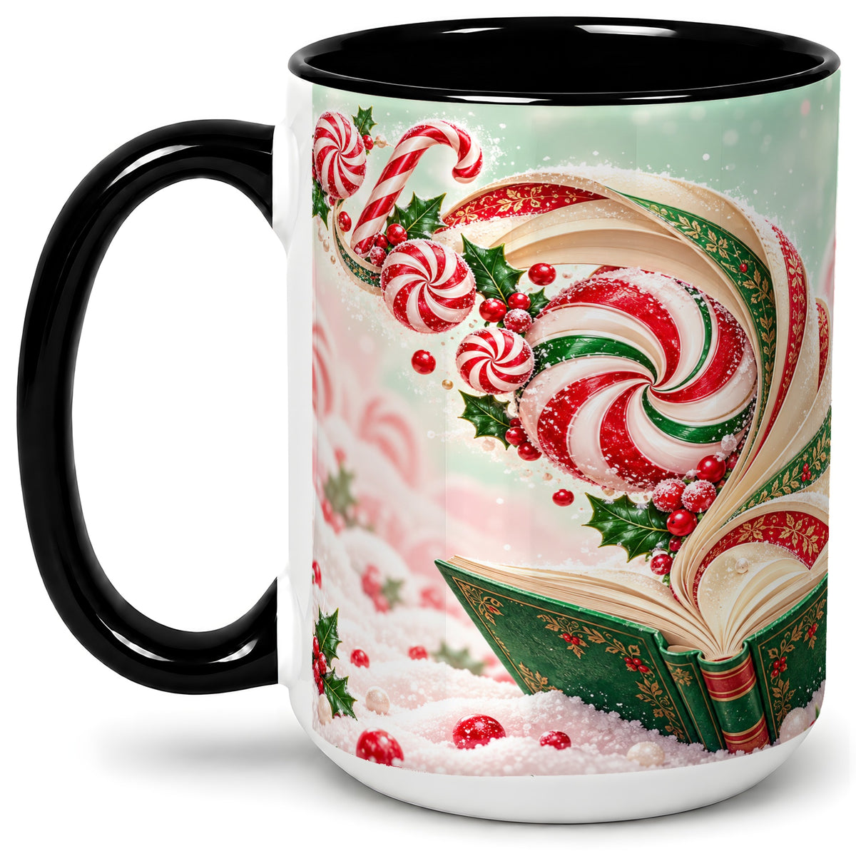 #pl[15oz|Black] Christmas Candy Book Accent Ceramic Mug, Peppermint Holly Art
