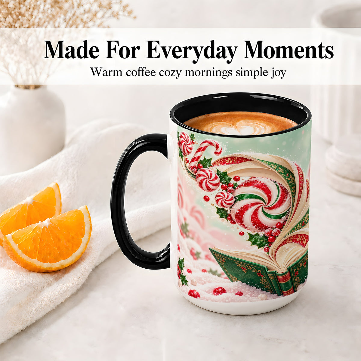 #pl[15oz|Black] Christmas Candy Book Accent Ceramic Mug, Peppermint Holly Art