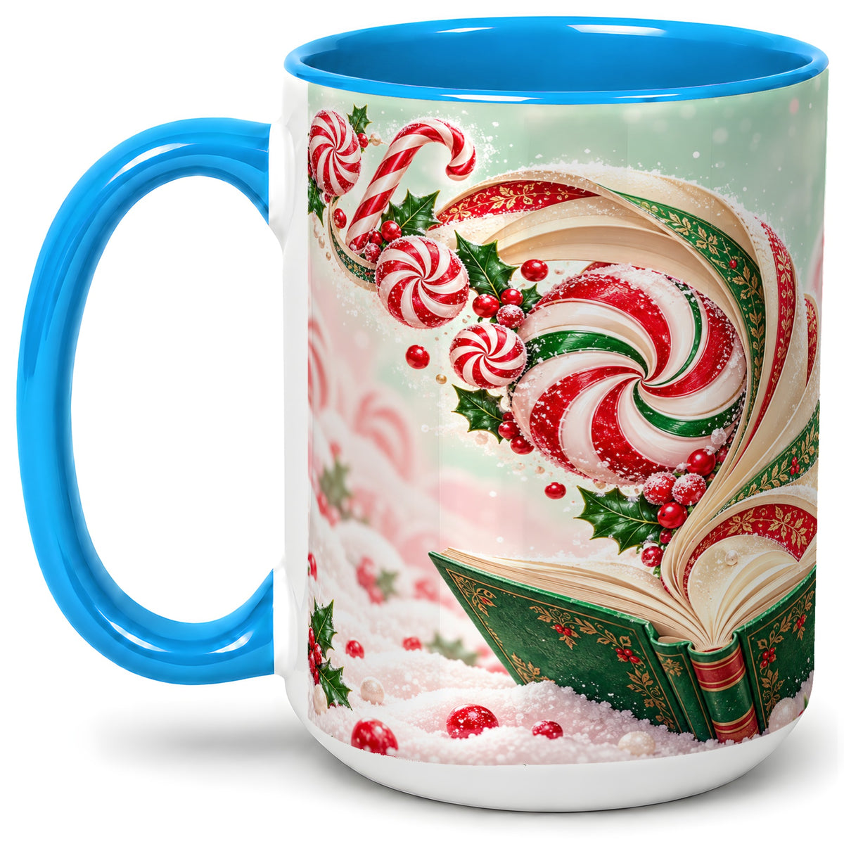 #pl[15oz|Blue] Christmas Candy Book Accent Ceramic Mug, Peppermint Holly Art
