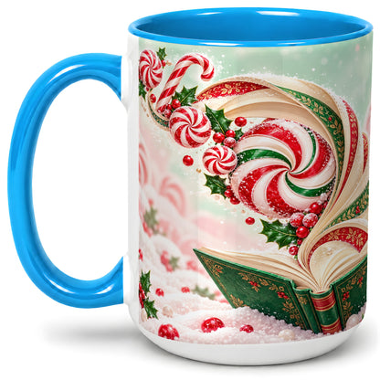 #pl[15oz|Blue] Christmas Candy Book Accent Ceramic Mug, Peppermint Holly Art