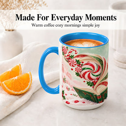 #pl[15oz|Blue] Christmas Candy Book Accent Ceramic Mug, Peppermint Holly Art