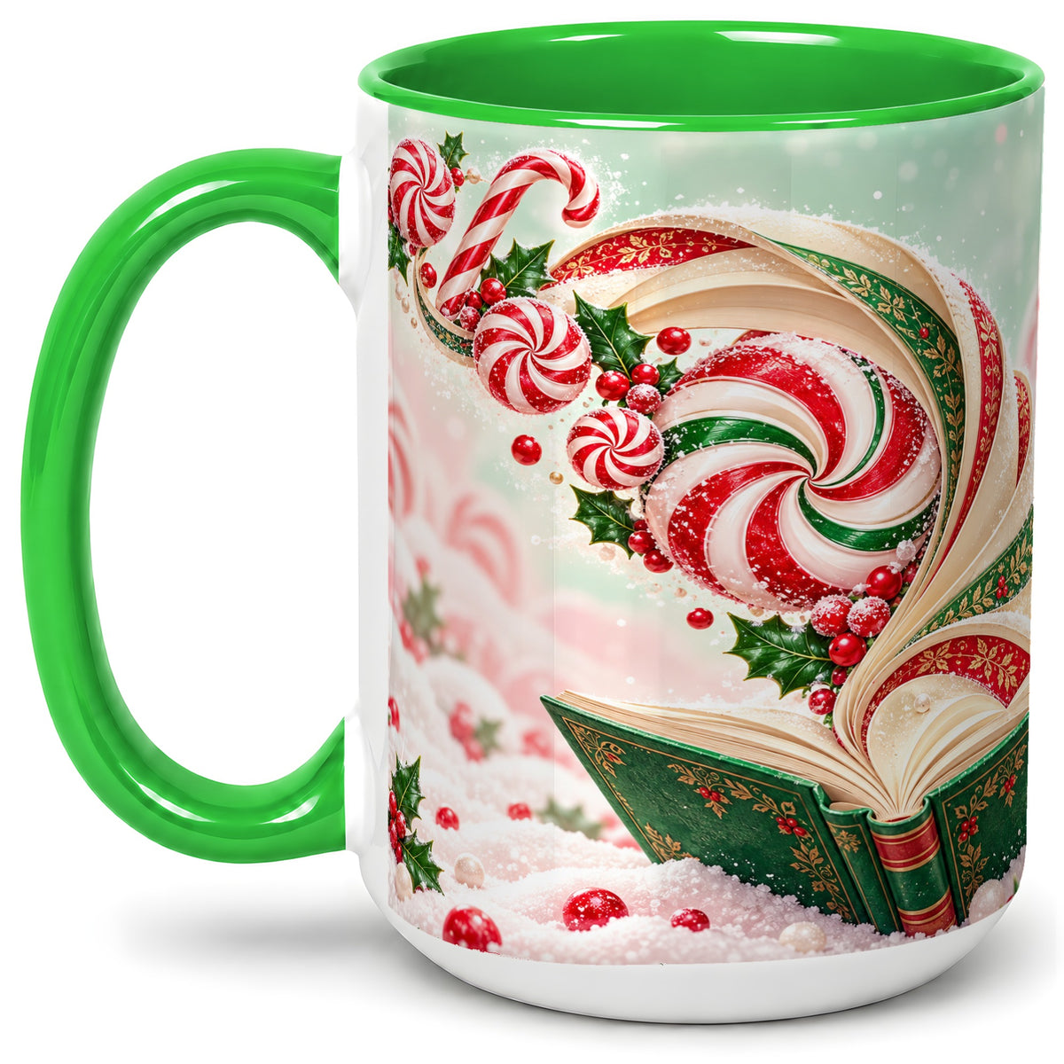 #pl[15oz|Green] Christmas Candy Book Accent Ceramic Mug, Peppermint Holly Art