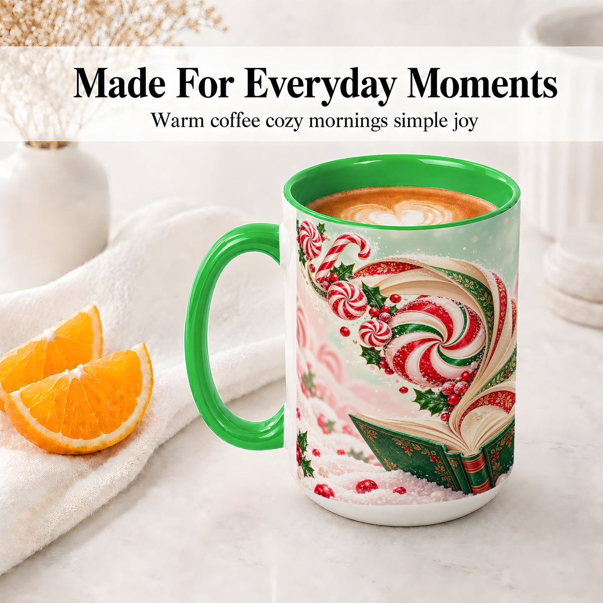 #pl[15oz|Green] Christmas Candy Book Accent Ceramic Mug, Peppermint Holly Art